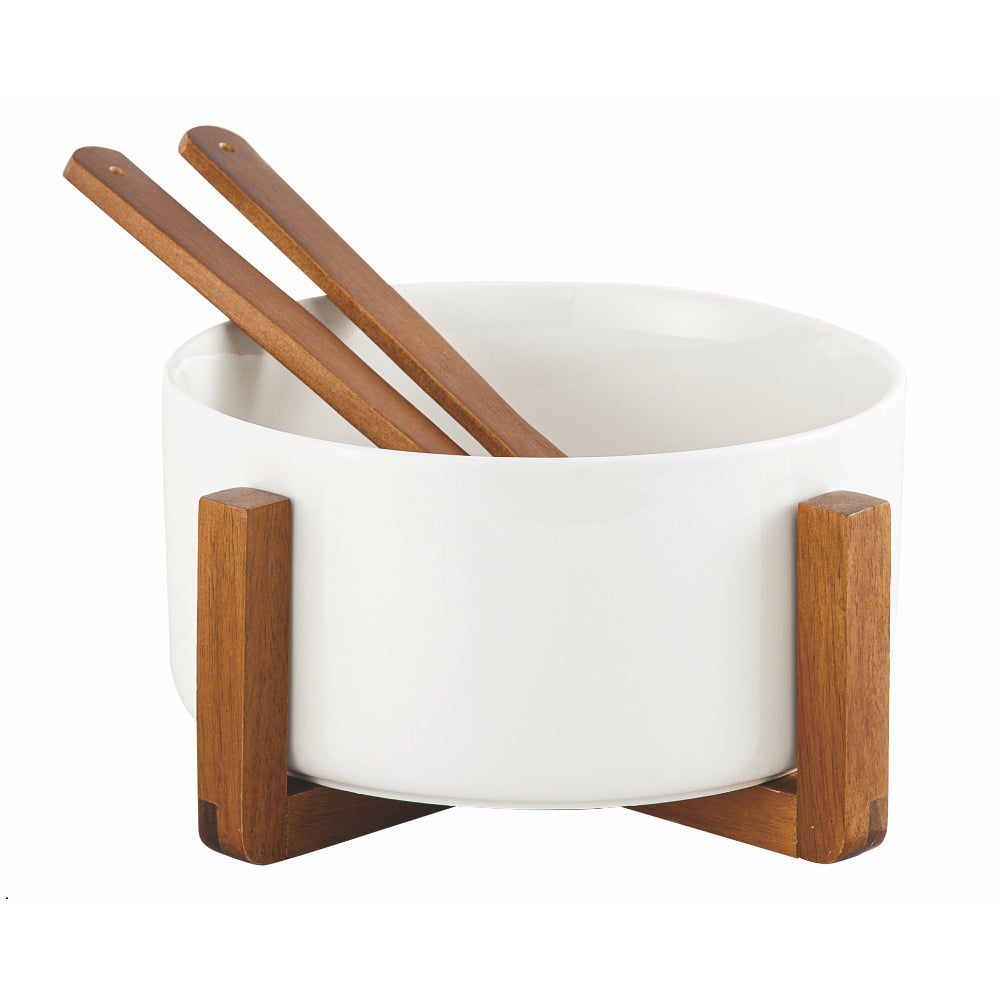 Shallow Acacia Wood Porcelain Salad Bowl with Spoon, 20cm, White & Brown