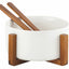 Shallow Acacia Wood Porcelain Salad Bowl with Spoon, 20cm, White & Brown
