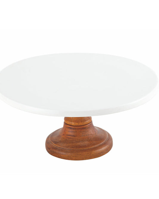 Shallow Acacia Wood Porcelain Cake Stand, 26cm, White & Brown