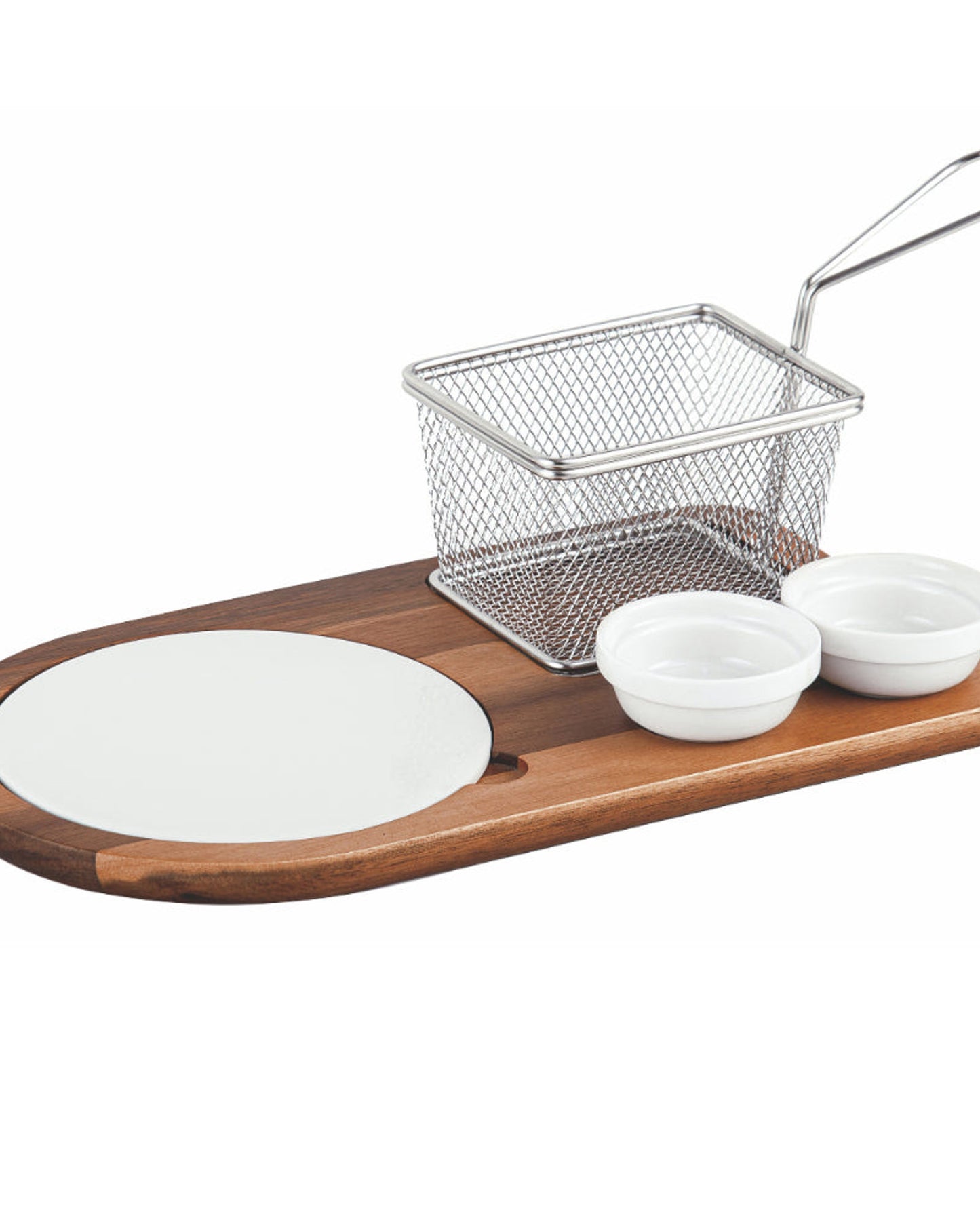 Shallow Acacia Wood Porcelain 4 Pieces Serving Set with Basket, White & Brown