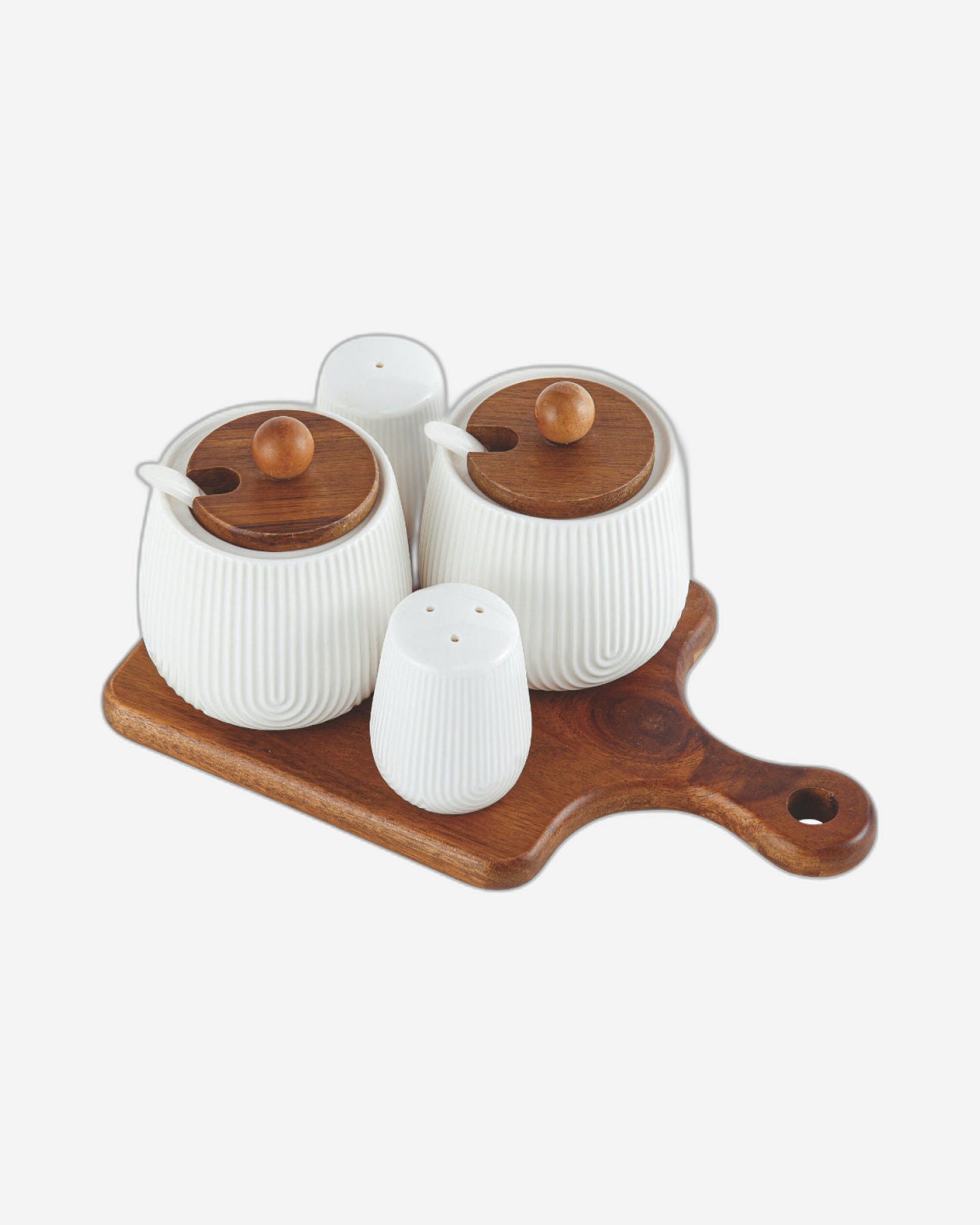 Shallow Acacia Wood Porcelain 4 Pieces Condiment Set, White & Brown