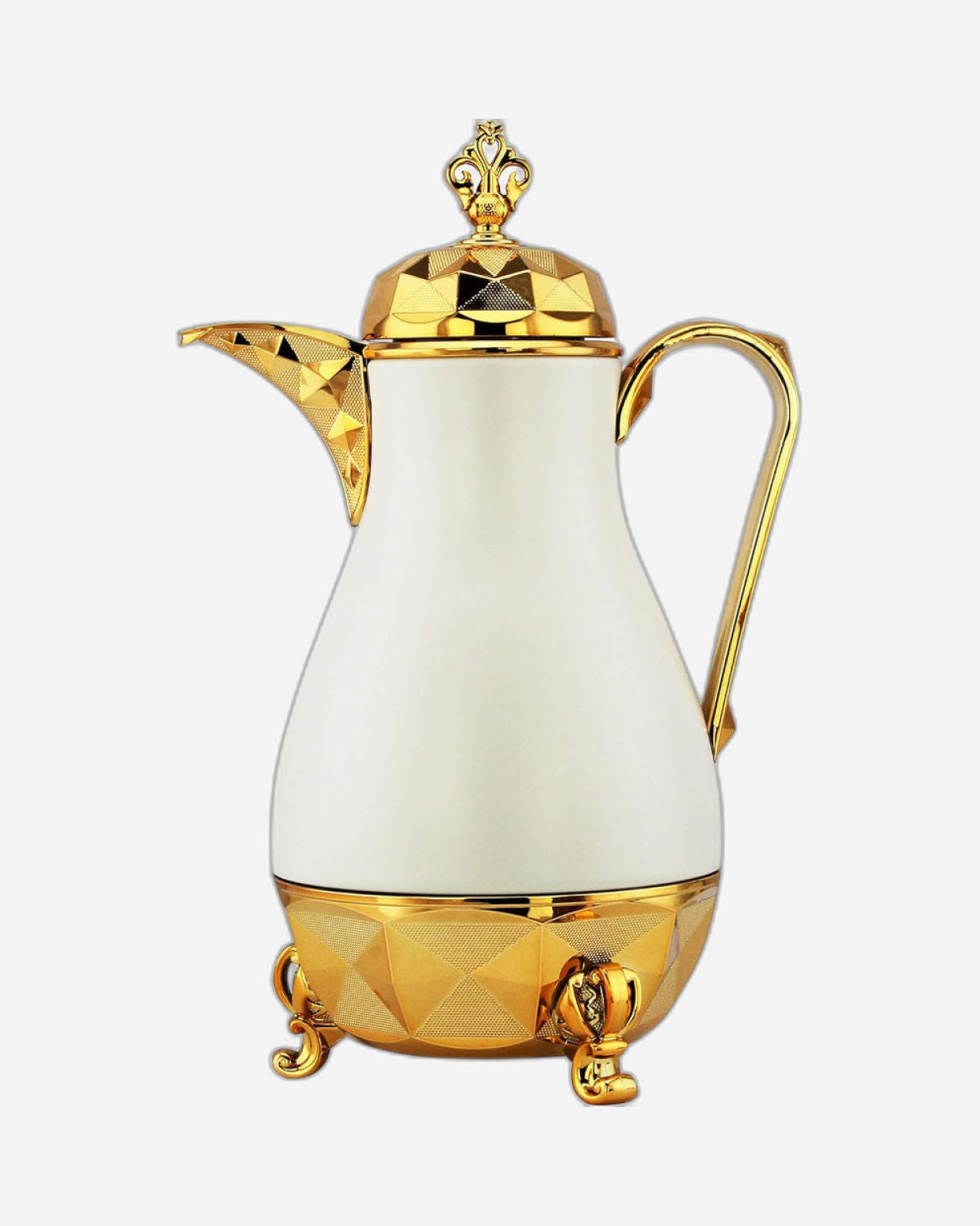 Nessan Arabic Dallah Flask, 1 Litre Capacity, Matte Cream White/Golden Serving Tray Set