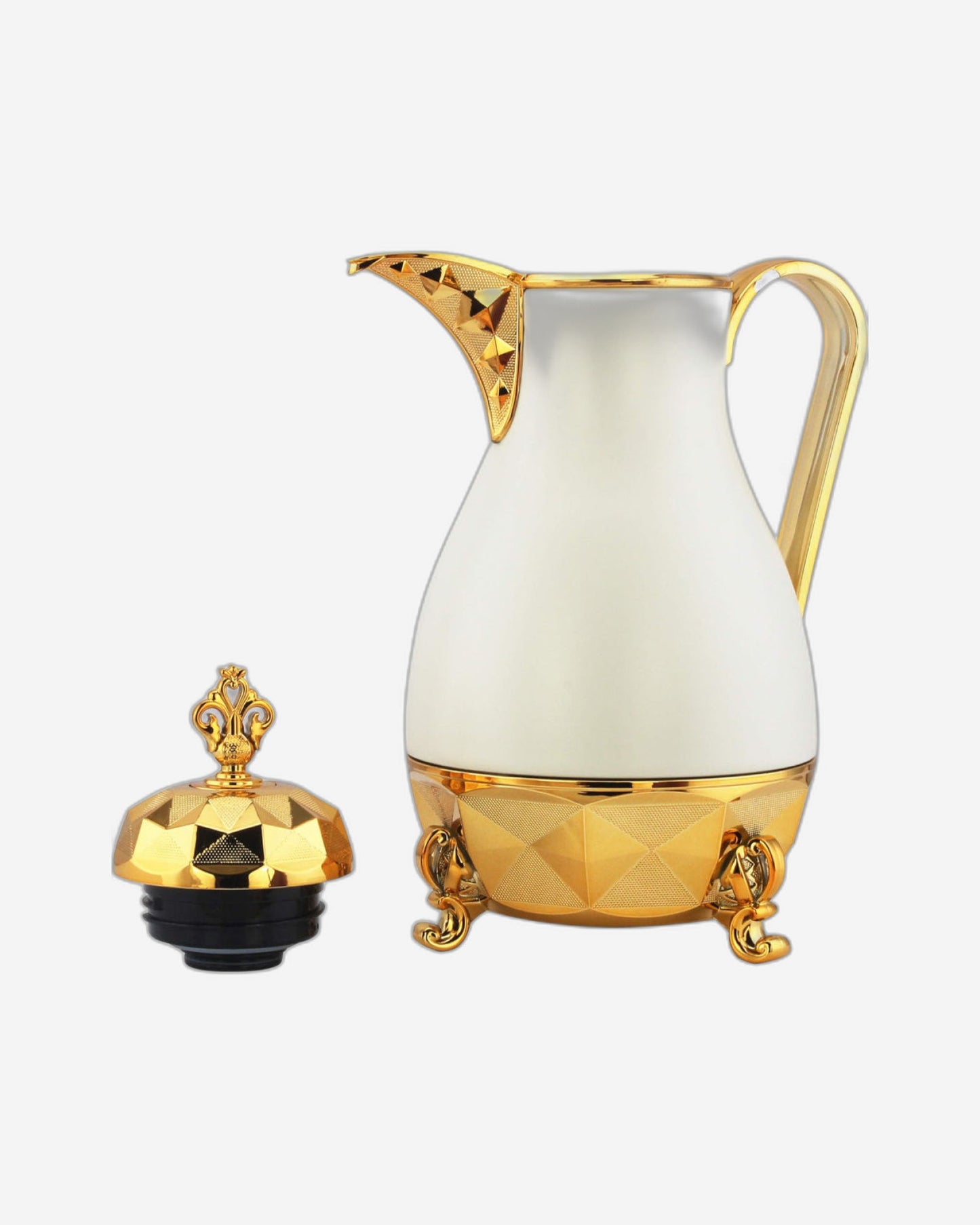 Nessan Arabic Dallah Flask, 1 Litre Capacity, Matte Cream White/Golden Serving Tray Set