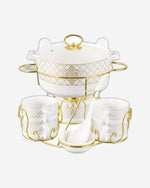 Shallow Badr 17 Piece Soup Set with Gold Stand - Luxurious White Porcelain