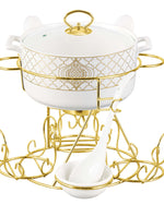 Shallow Badr 17 Piece Soup Set with Gold Stand - Luxurious White Porcelain