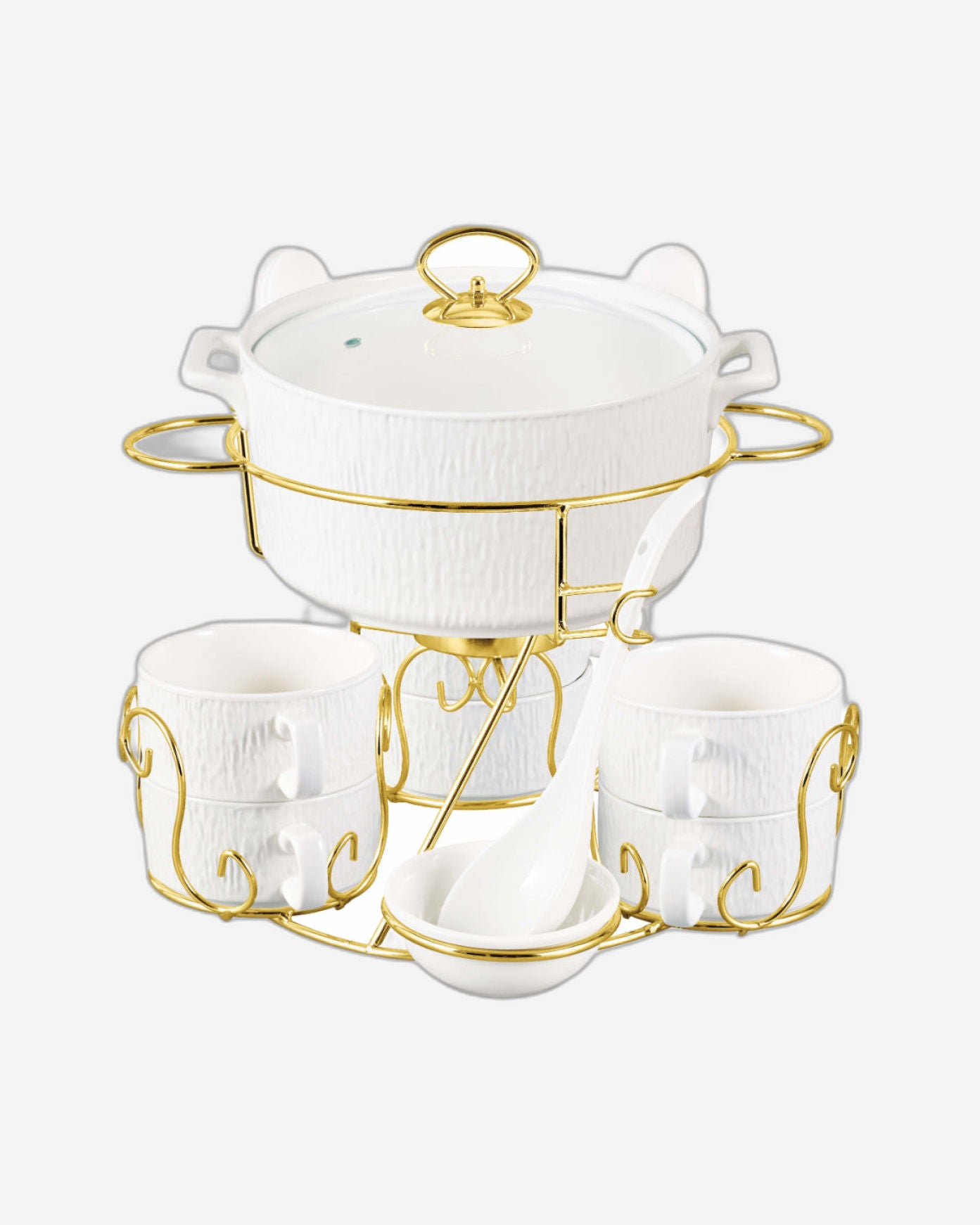 Shallow Amer 17 Piece Porcelain Soup Set with Gold Stand - Modern & Elegant Dining Collection, Soup Bowls