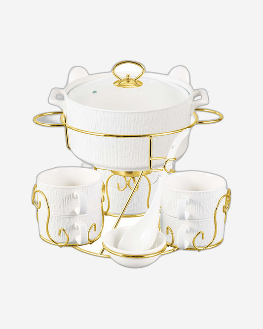 Shallow Amer 17 Piece Porcelain Soup Set with Gold Stand - Modern & Elegant Dining Collection, Soup Bowls