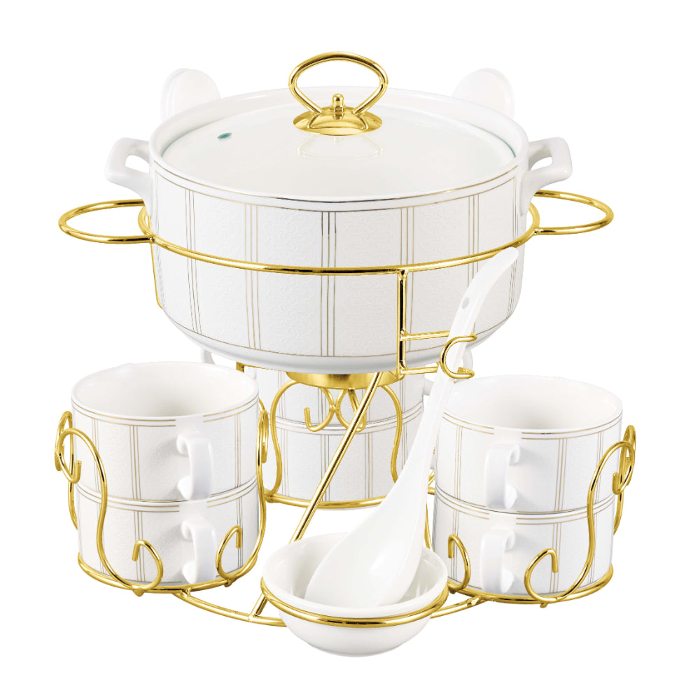 Shallow Ritz 17 Piece Soup Set with Gold Stand - Luxurious White Porcelain Dinnerware for Elegant Dining, Soup Bowl