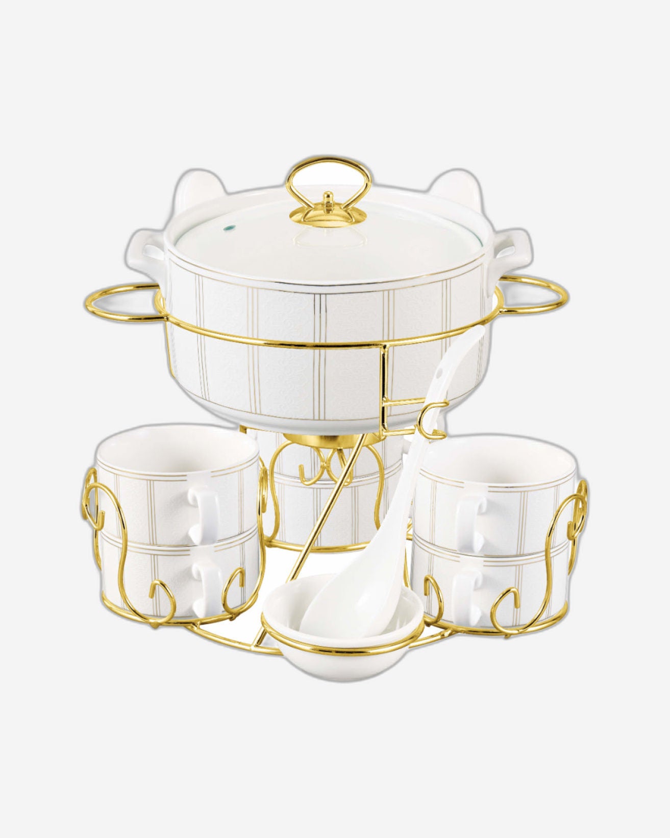 Shallow Ritz 17 Piece Soup Set with Gold Stand - Luxurious White Porcelain Dinnerware for Elegant Dining, Soup Bowl