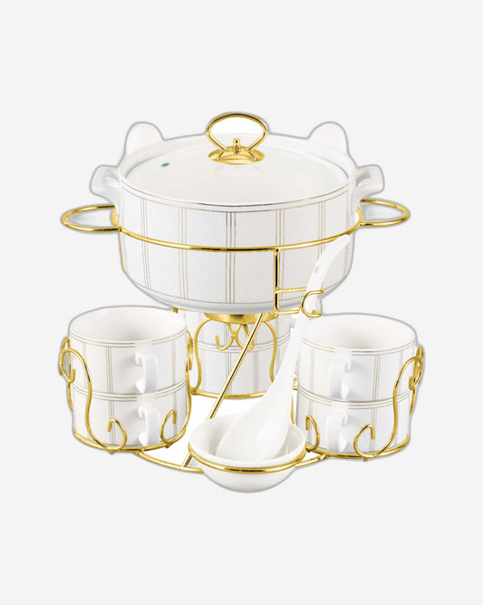 Shallow Ritz 17 Piece Soup Set with Gold Stand - Luxurious White Porcelain Dinnerware for Elegant Dining, Soup Bowl