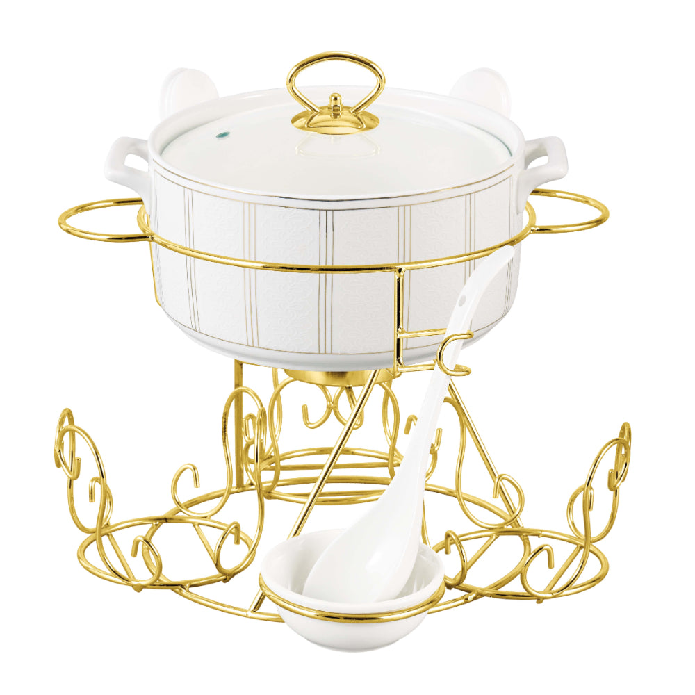 Shallow Ritz 17 Piece Soup Set with Gold Stand - Luxurious White Porcelain Dinnerware for Elegant Dining, Soup Bowl