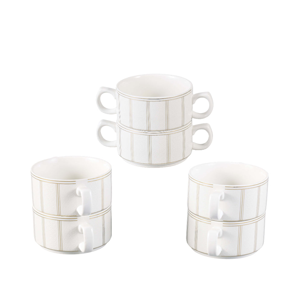 Shallow Ritz 17 Piece Soup Set with Gold Stand - Luxurious White Porcelain Dinnerware for Elegant Dining, Soup Bowl