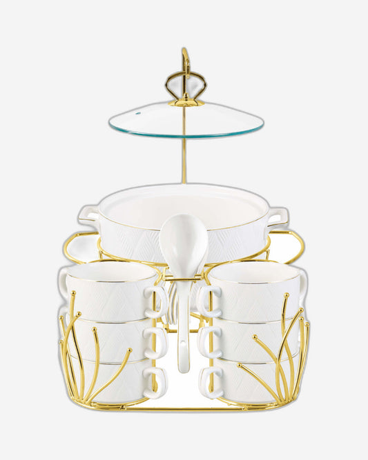 Shallow Amir 16 Piece Soup Set with Gold Stand - Elegant White Porcelain Dinnerware for Sophisticated Dining, Soup Bowls