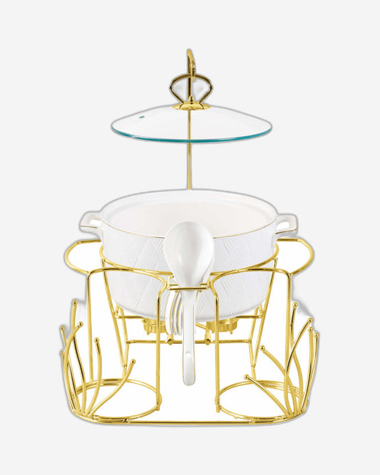 Shallow Amir 16 Piece Soup Set with Gold Stand - Elegant White Porcelain Dinnerware for Sophisticated Dining, Soup Bowls