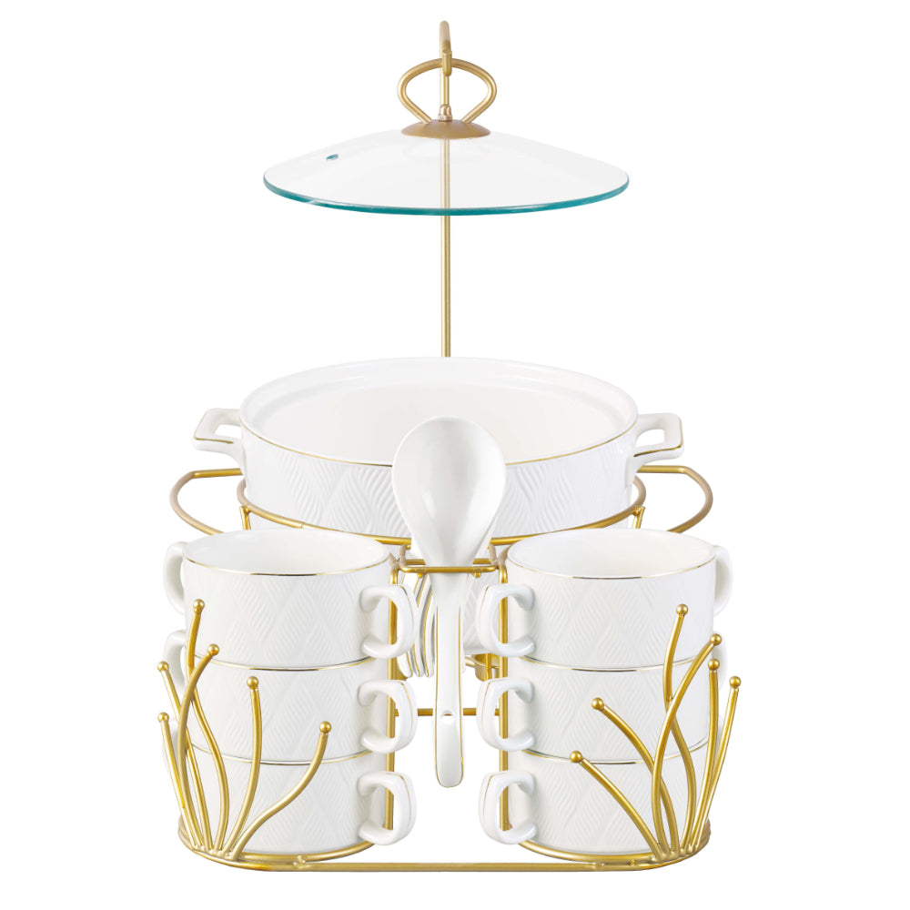Shallow Amir 16 Piece Soup Set with Matt Gold Stand - Elegant Porcelain Dinnerware for Sophisticated Dining, Soup Bowls
