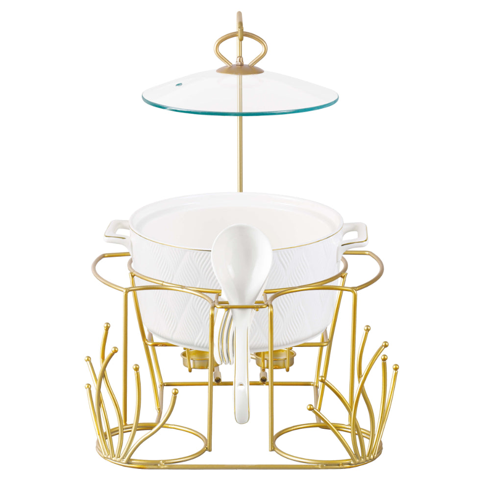 Shallow Amir 16 Piece Soup Set with Matt Gold Stand - Elegant Porcelain Dinnerware for Sophisticated Dining, Soup Bowls