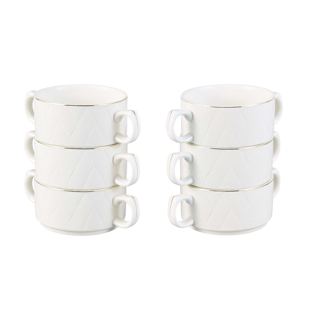 Shallow Amir 16 Piece Soup Set with Matt Gold Stand - Elegant Porcelain Dinnerware for Sophisticated Dining, Soup Bowls