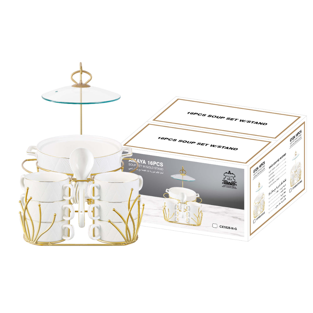 Shallow Amir 16 Piece Soup Set with Matt Gold Stand - Elegant Porcelain Dinnerware for Sophisticated Dining, Soup Bowls