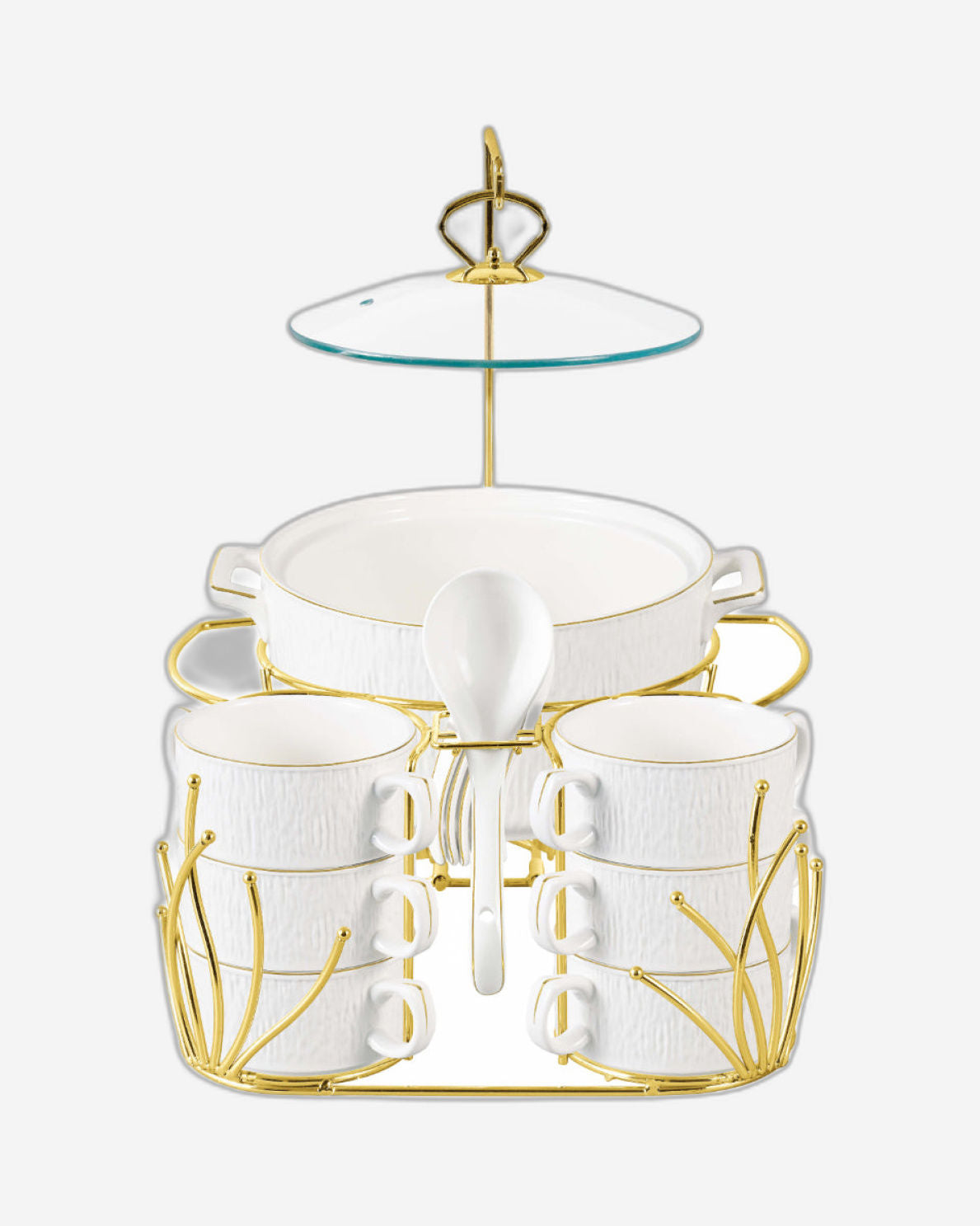 Shallow 16 Piece Gyza Soup Set with Gold Stand - Stylish Dining with Elegant White Porcelain Dinnerware, Soup Bowls