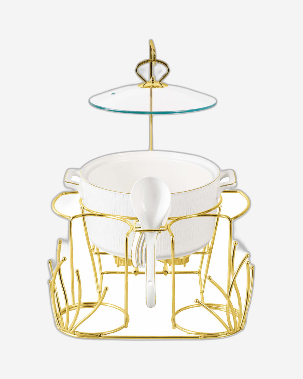 Shallow 16 Piece Gyza Soup Set with Gold Stand - Stylish Dining with Elegant White Porcelain Dinnerware, Soup Bowls