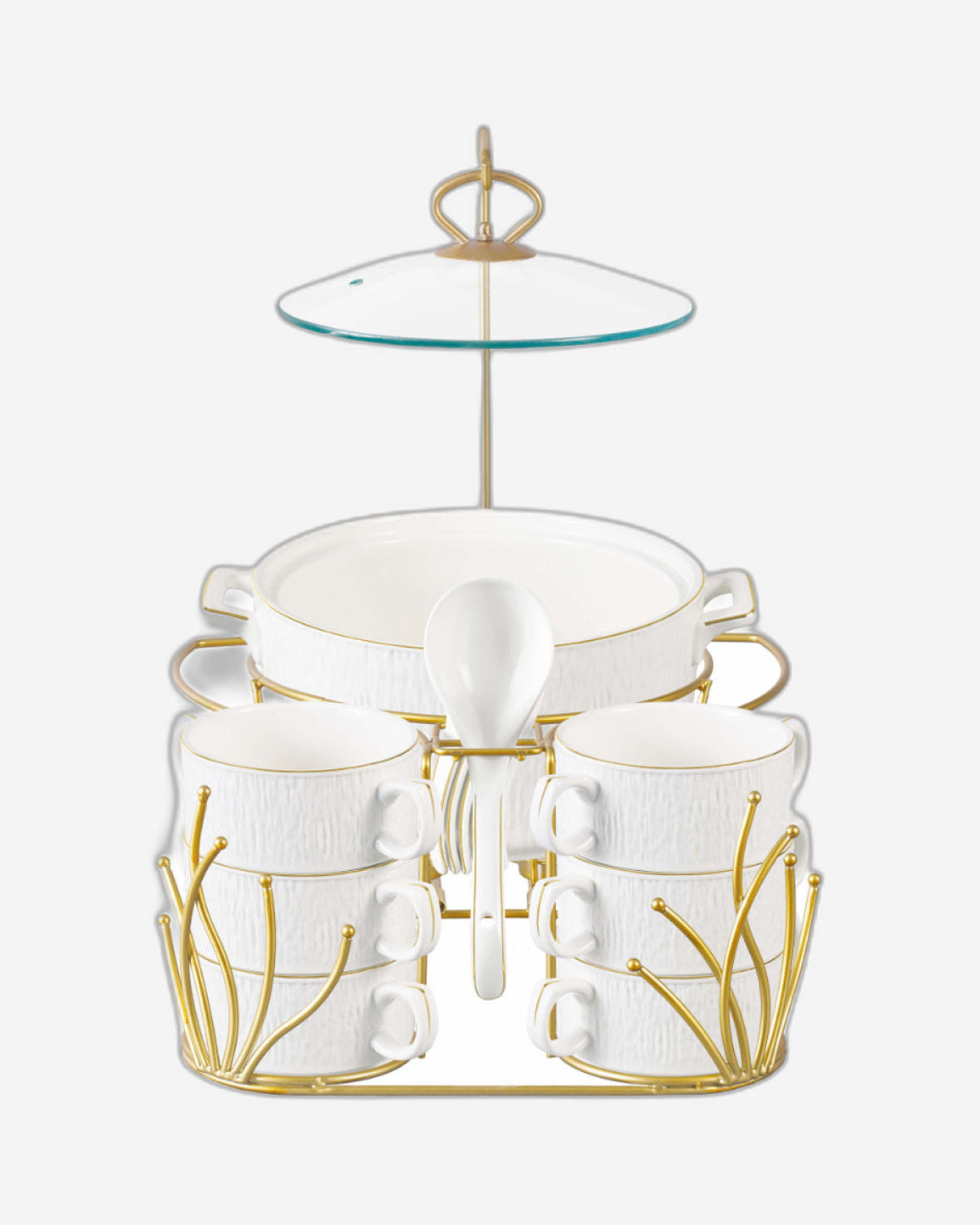 Shallow Gyza 16 Piece Soup Set with Matt Gold Stand - Elegant White Porcelain Dinnerware for Sophisticated Dining, Soup Bowls