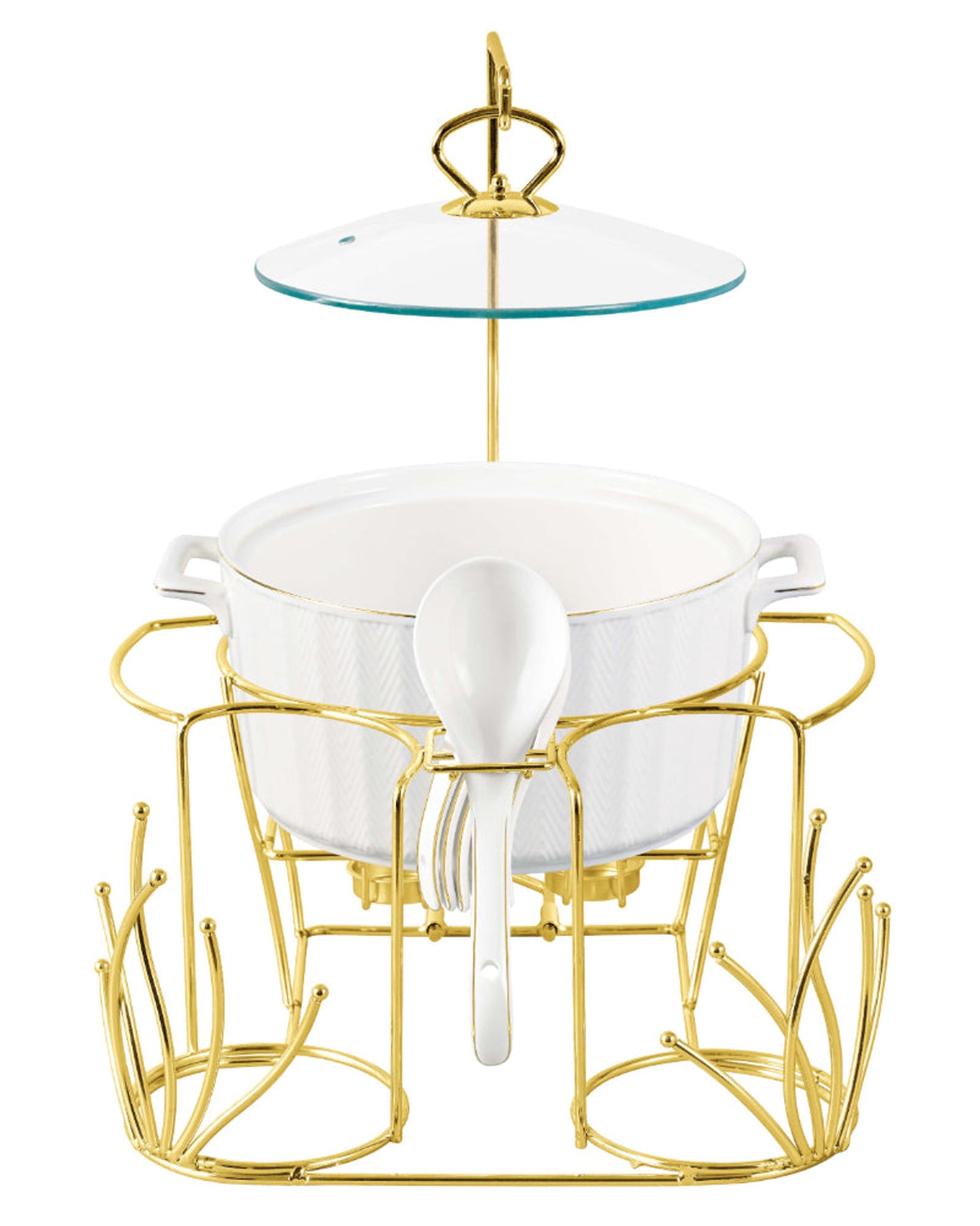Shallow Zaid 16 Piece White Porcelain Soup Set with Matt Gold Stand - Dinnerware for a Sumptuous Meal, Soup Bowls