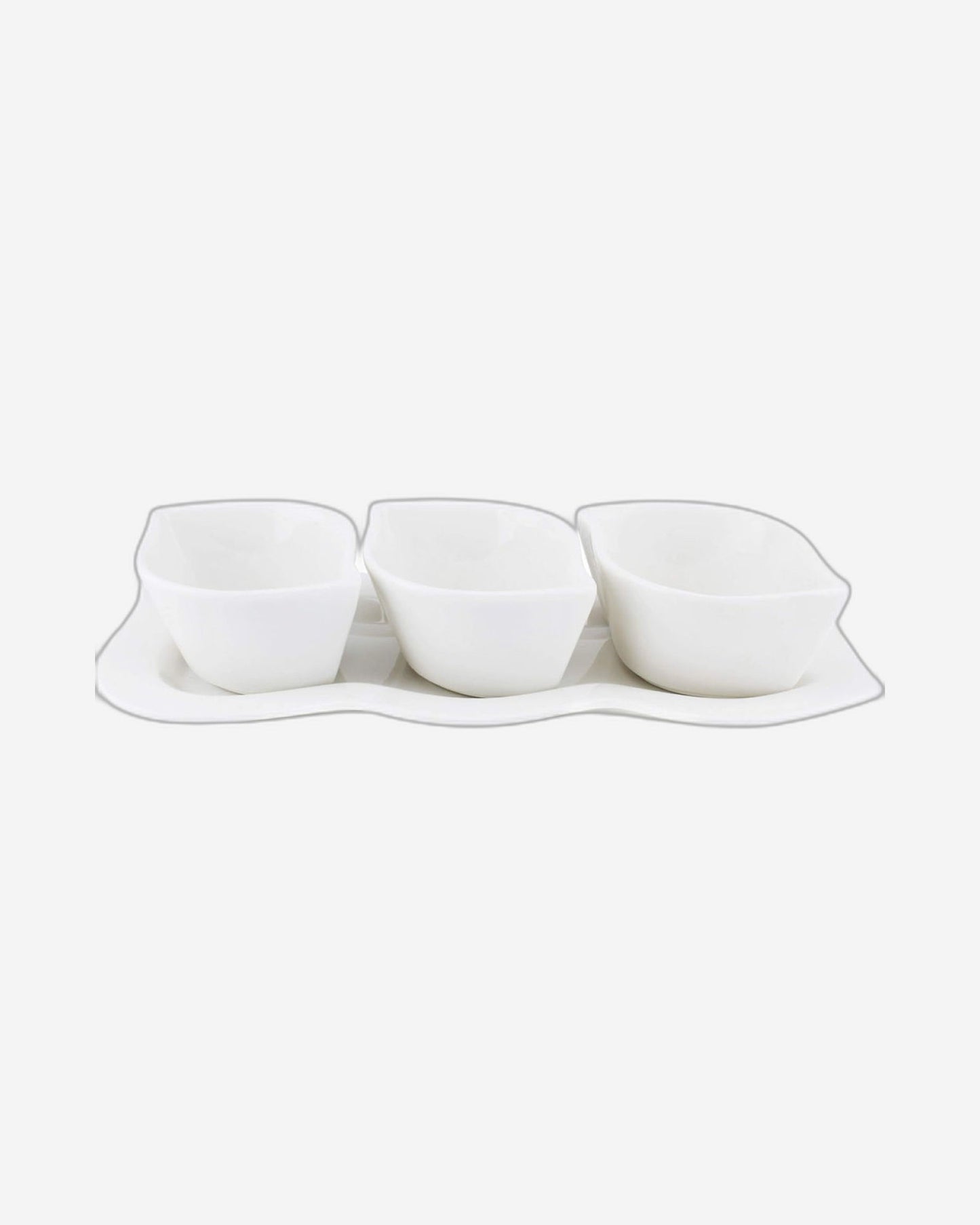 Shallow Porcelain Serving Bowl With Tray, White, 3-Piece Set