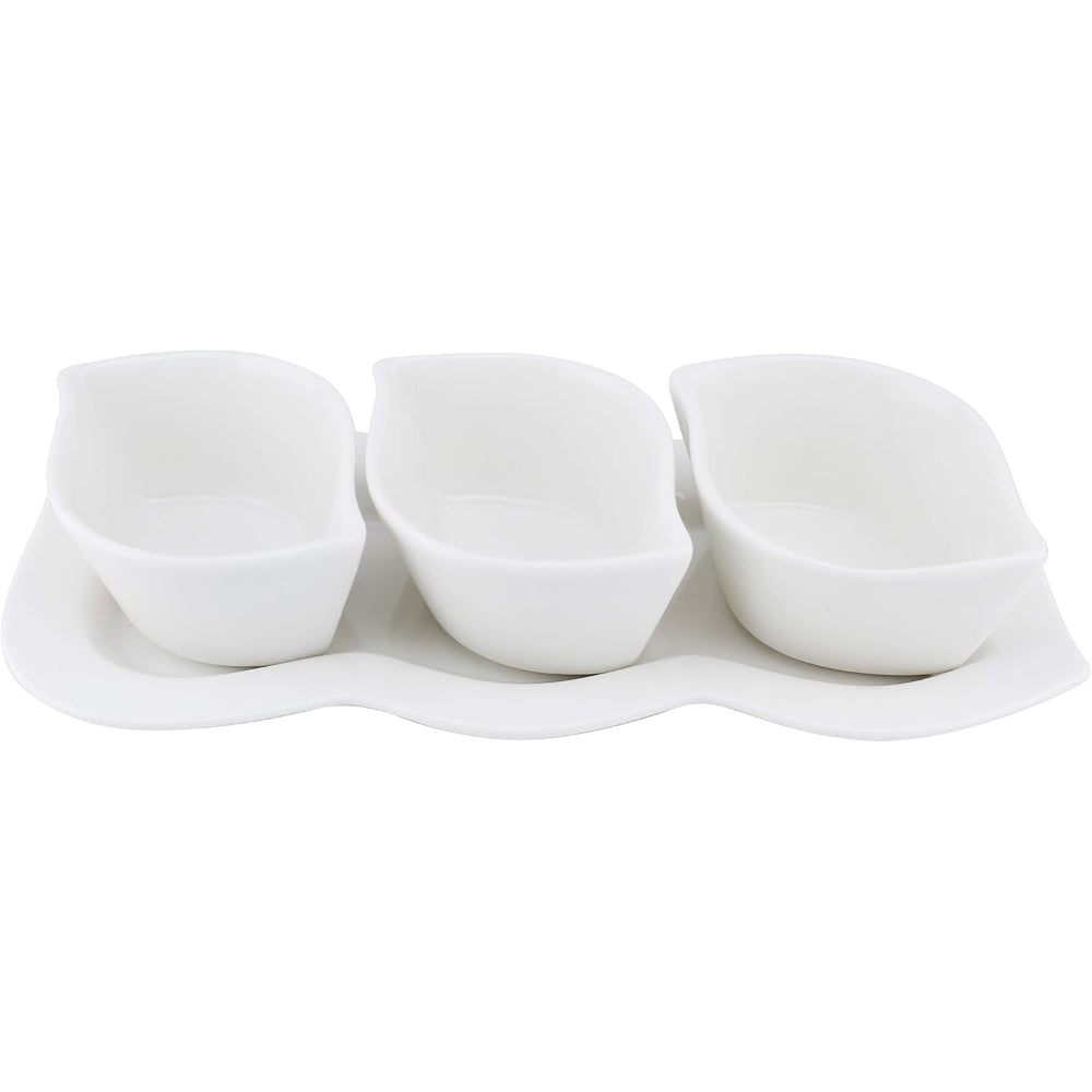 Shallow Porcelain Serving Bowl With Tray, White, 3-Piece Set