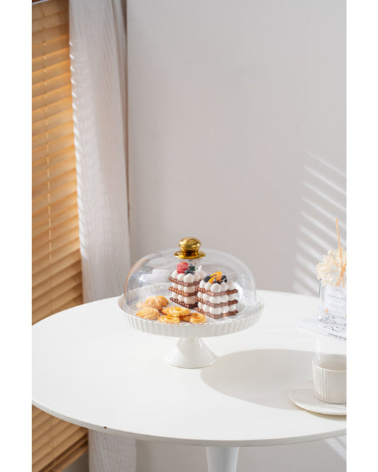 Shallow Elegant Porcelain 27cm White Cake Plate with Plastic Lid