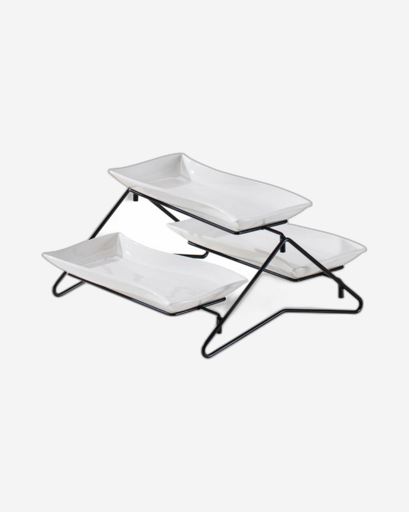 Shallow Elegant Porcelain 2 Tier Rectangle White Plate with Black Stand