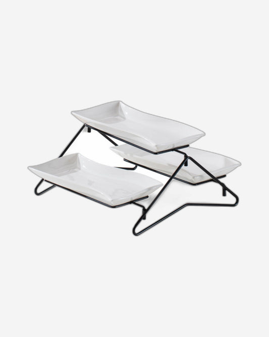 Shallow Elegant Porcelain 2 Tier Rectangle White Plate with Black Stand
