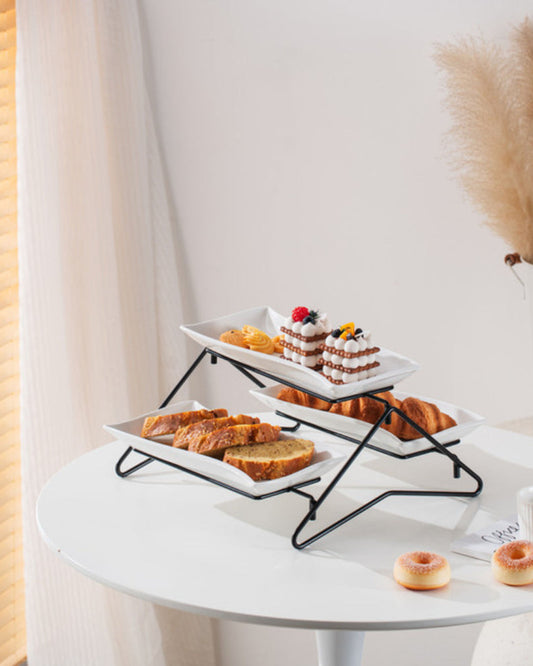 Shallow Elegant Porcelain 2 Tier Rectangle White Plate with Black Stand