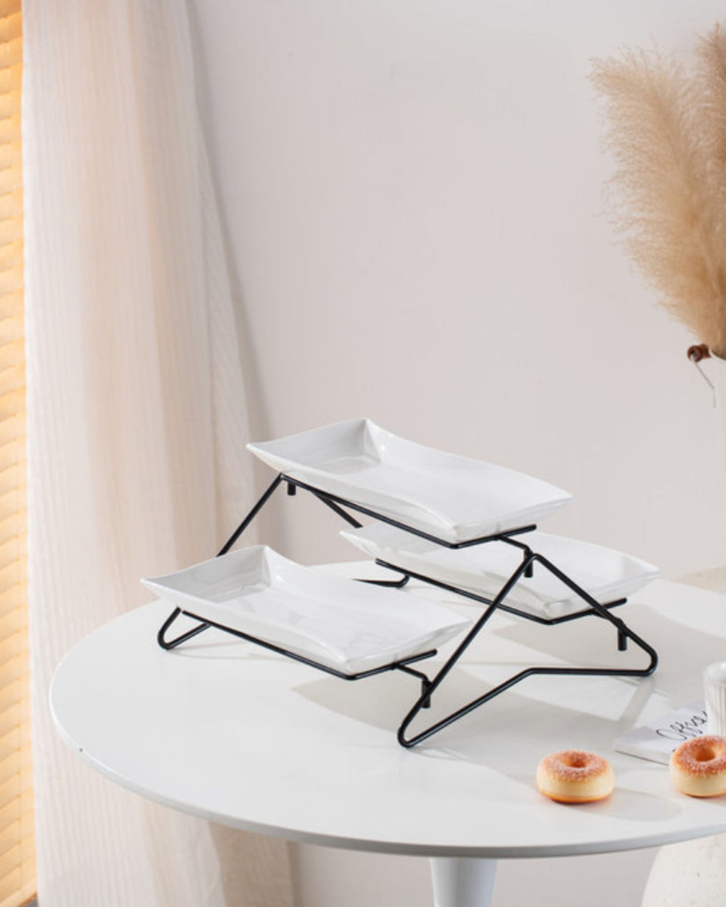 Shallow Elegant Porcelain 2 Tier Rectangle White Plate with Black Stand
