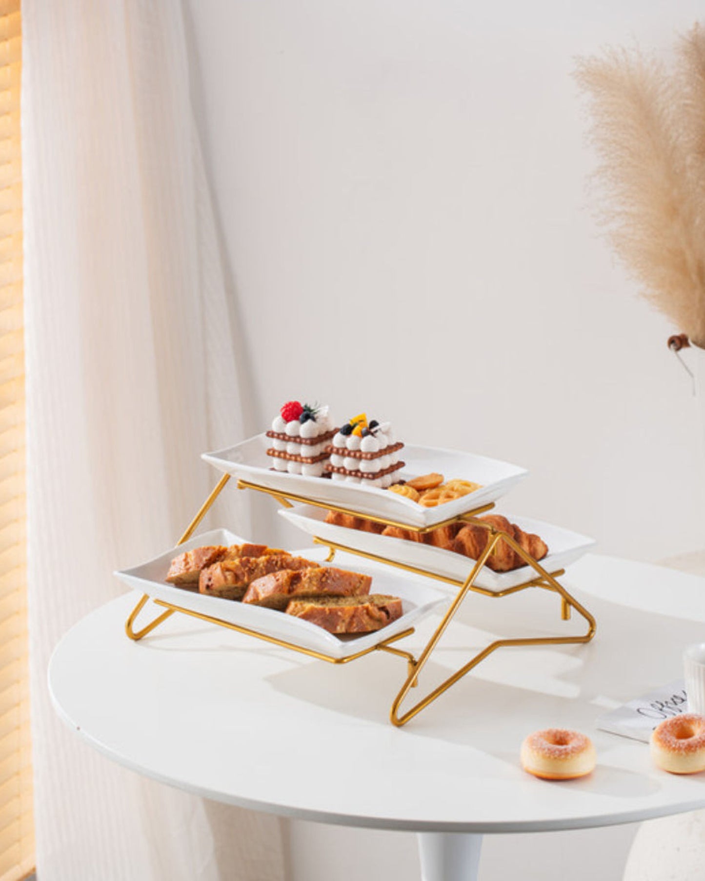 Shallow Elegant Porcelain 2 Tier Rectangle White Plate with Gold Stand