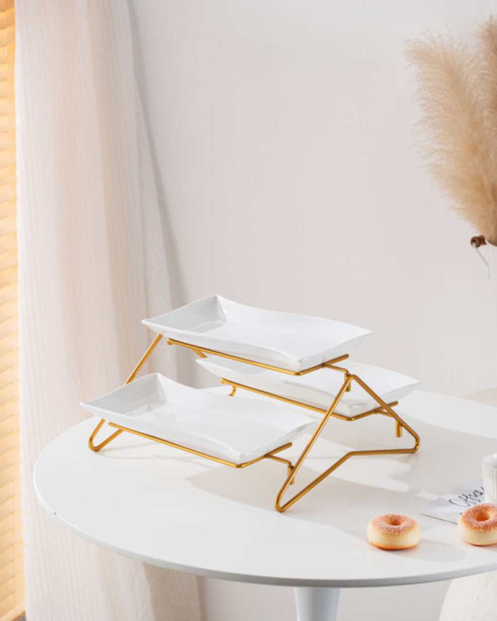 Shallow Elegant Porcelain 2 Tier Rectangle White Plate with Gold Stand