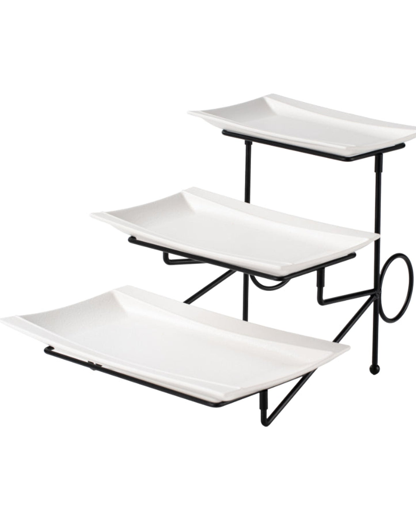 Shallow Elegant Porcelain 3 Tier White Plate with Black Stand (Small Plate 23cm, Mid Plate 28cm, Large Plate 33cm)