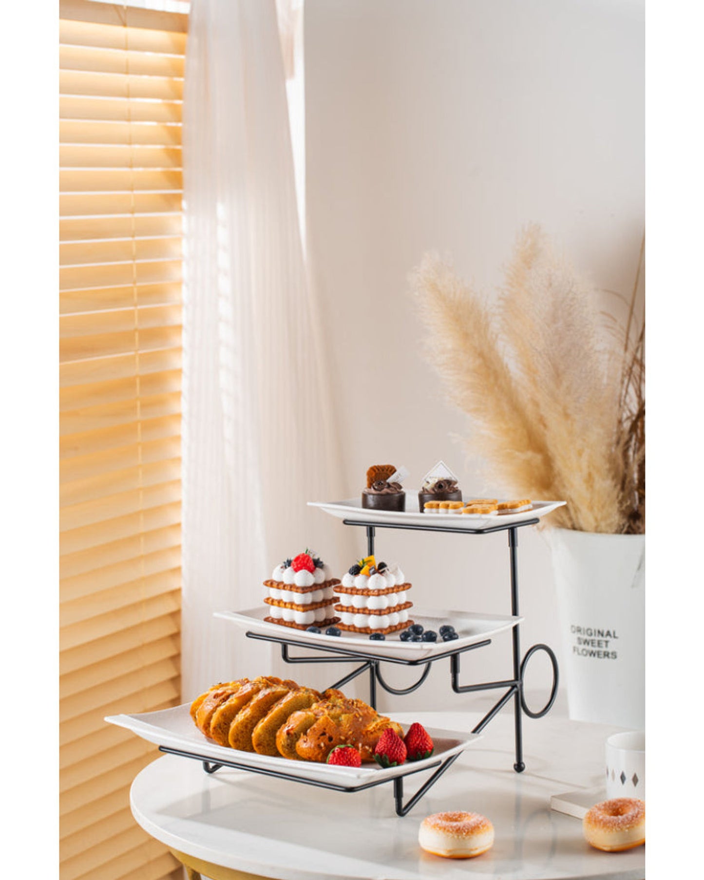 Shallow Elegant Porcelain 3 Tier White Plate with Black Stand (Small Plate 23cm, Mid Plate 28cm, Large Plate 33cm)