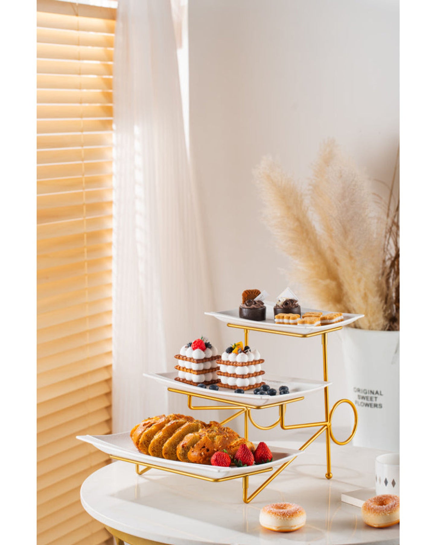 Shallow Elegant Porcelain 3 Tier White Plate with Gold Stand (Small Plate 23cm, Mid Plate 28cm, Large Plate 33cm)