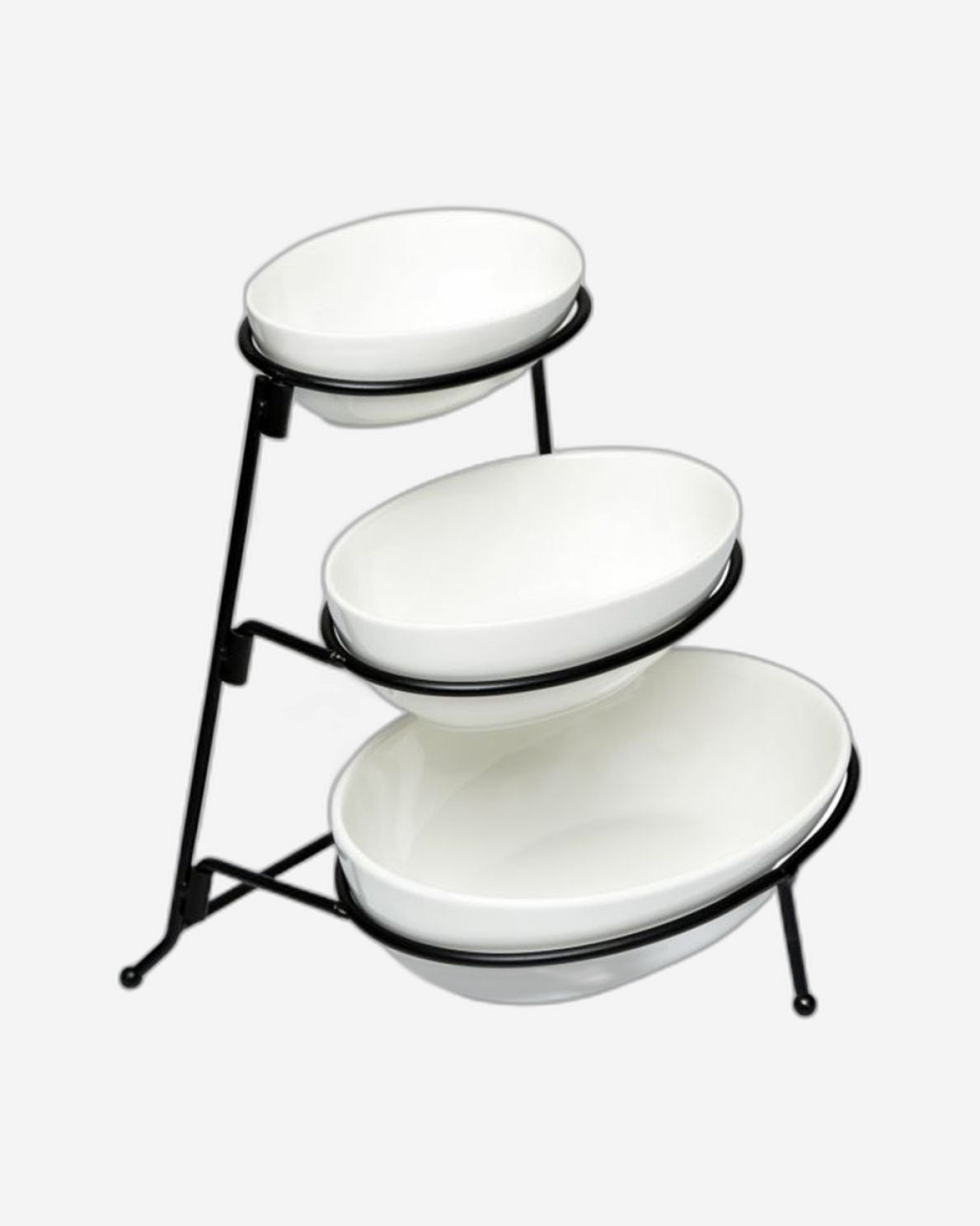Shallow 3-Tier Porcelain Oval Bowl Set with Stand, White – Elegant Serving Set for Snacks, Fruits, and Appetizers