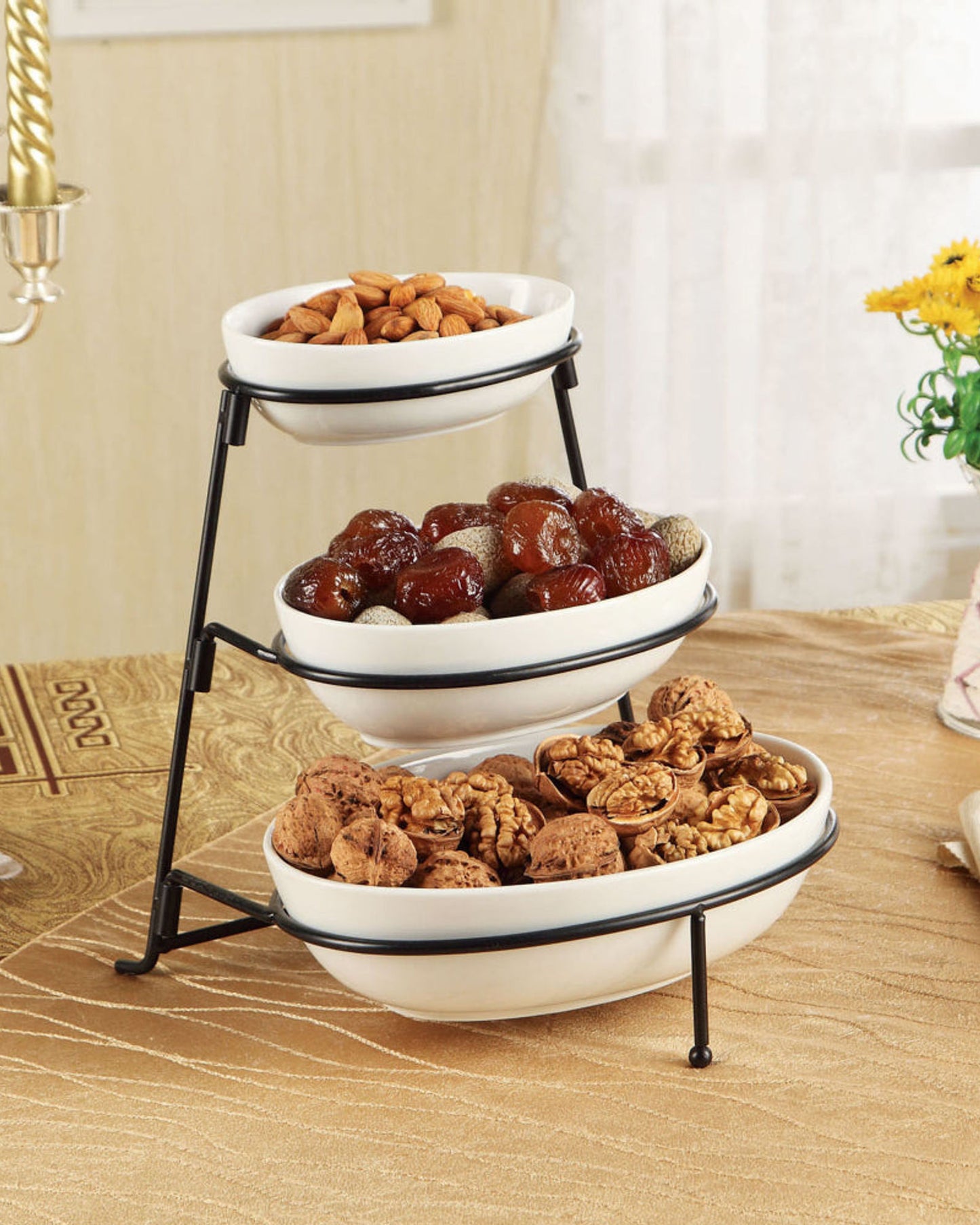 Shallow 3-Tier Porcelain Oval Bowl Set with Stand, White – Elegant Serving Set for Snacks, Fruits, and Appetizers