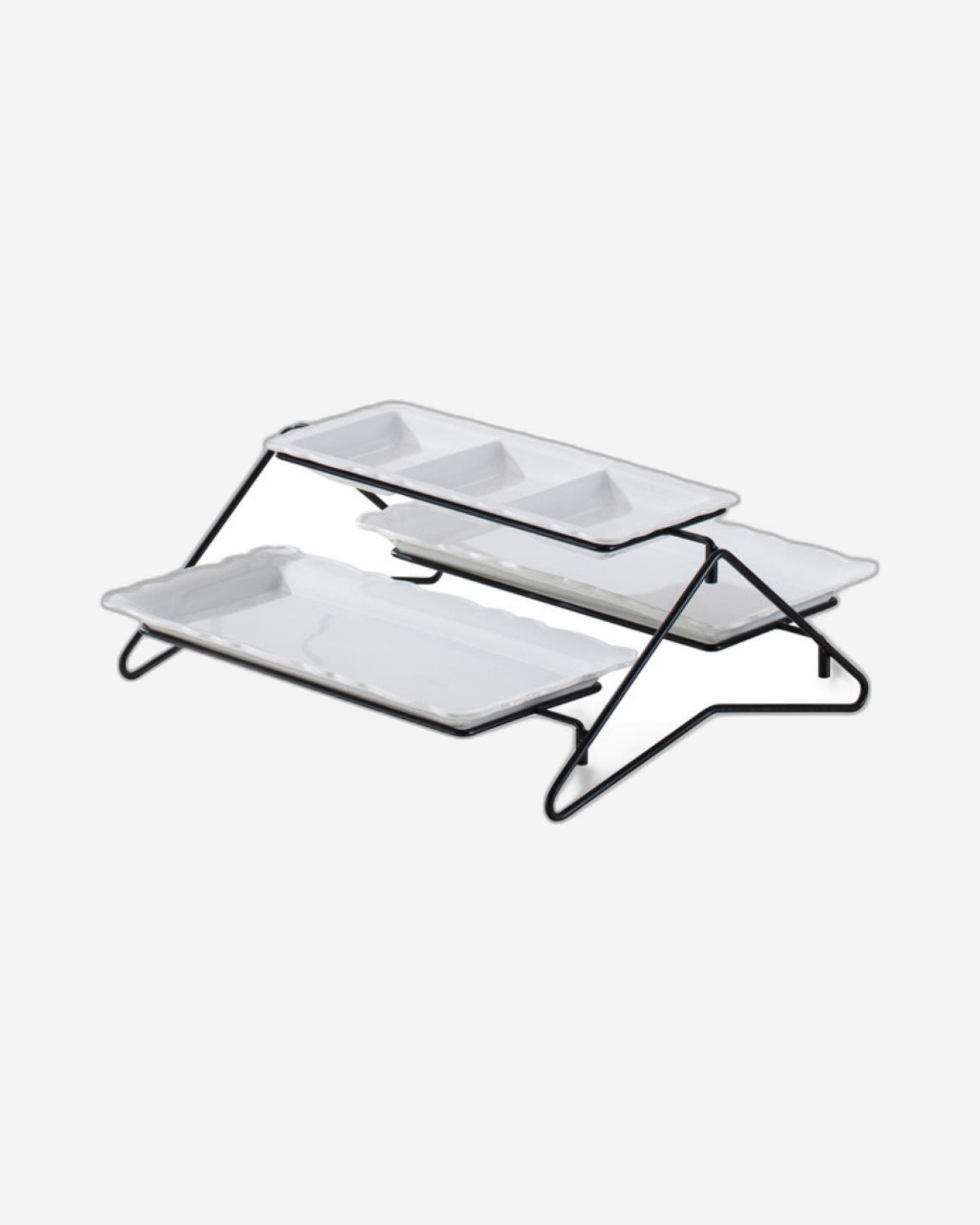 Shallow Elegant Porcelain 2 Tier Rectangle White Plate with Black Stand (Small Plate 33cm, Large Plate 36cm)