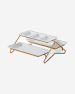 Shallow Elegant Porcelain 2 Tier Rectangle White Plate with Gold Stand (Small Plate 33cm, Large Plate 36cm)