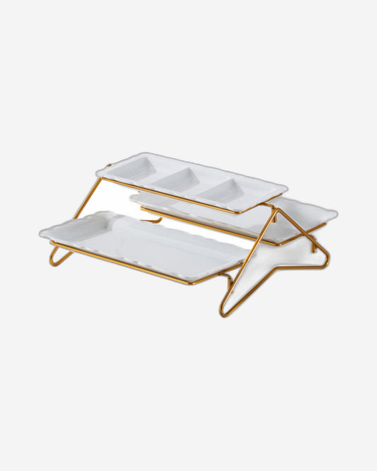 Shallow Elegant Porcelain 2 Tier Rectangle White Plate with Gold Stand (Small Plate 33cm, Large Plate 36cm)