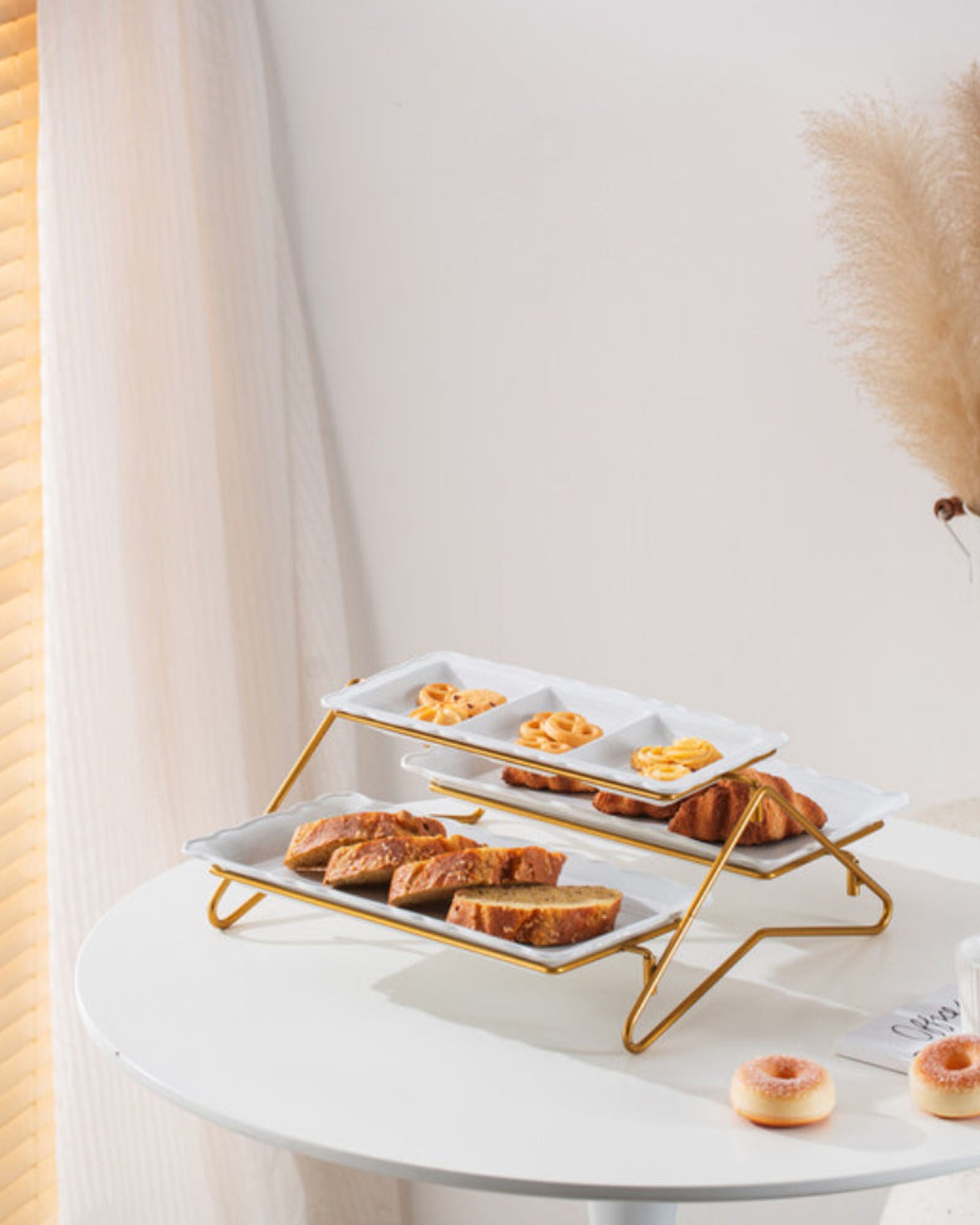 Shallow Elegant Porcelain 2 Tier Rectangle White Plate with Gold Stand (Small Plate 33cm, Large Plate 36cm)