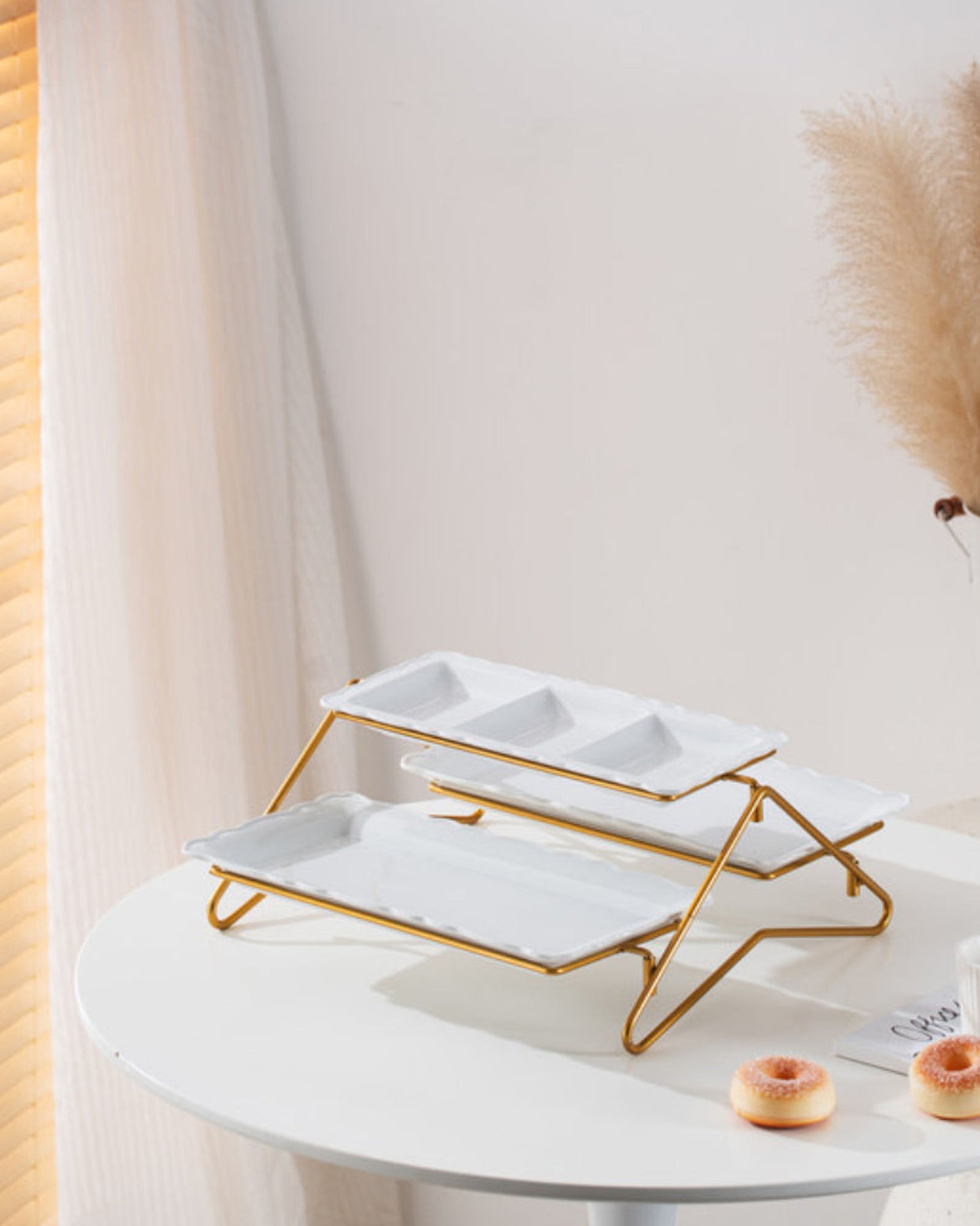 Shallow Elegant Porcelain 2 Tier Rectangle White Plate with Gold Stand (Small Plate 33cm, Large Plate 36cm)