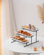 Shallow Elegant Porcelain 3 Tier Rectangle White 33cm Plate with Black Stand