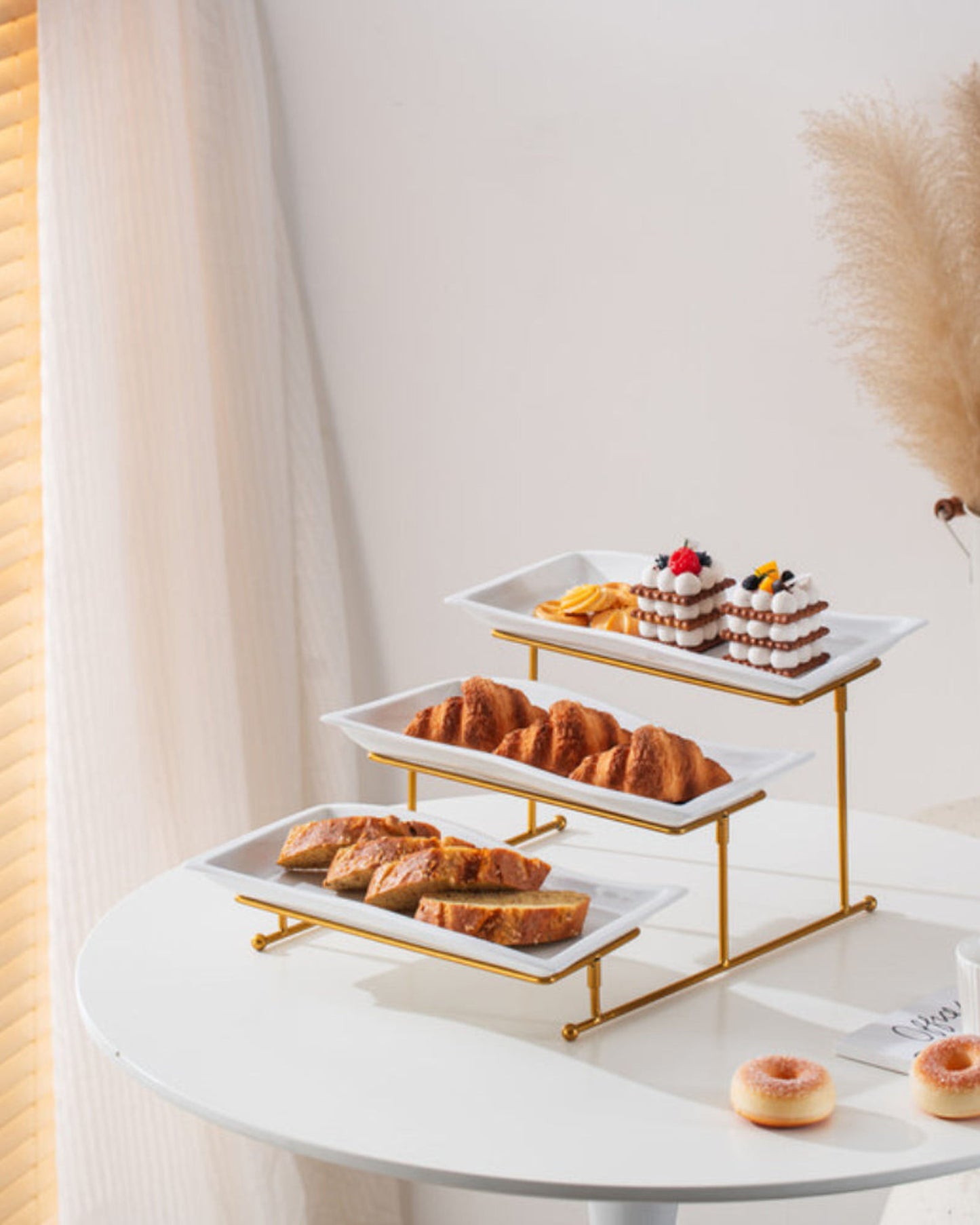 Shallow Elegant Porcelain 3 Tier Rectangle White 33cm Plate with Gold Stand