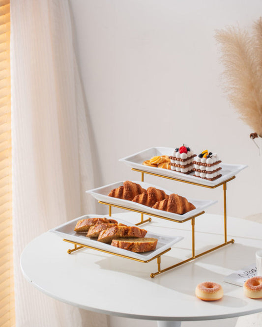Shallow Elegant Porcelain 3 Tier Rectangle White 33cm Plate with Gold Stand