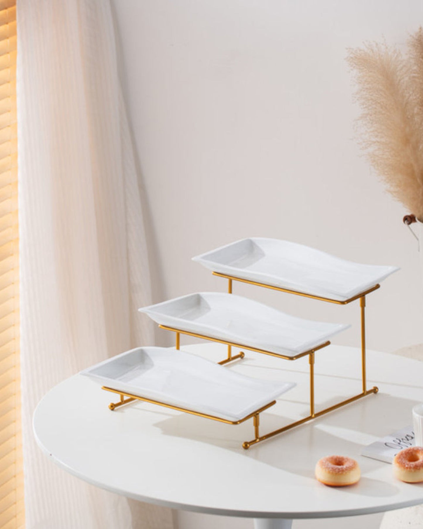 Shallow Elegant Porcelain 3 Tier Rectangle White 33cm Plate with Gold Stand
