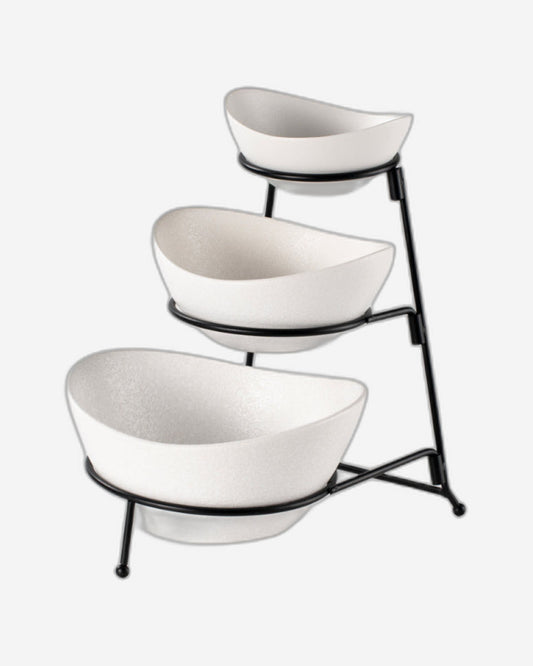 Shallow Porcelain 3-Tier Serving White Bowl Set with Sleek Black Stand (Small Bowl 13CM, Mid Bowl 16CM, Large Bowl 19CM)